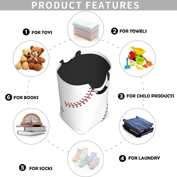 Red Stitching Baseball Laundry Hamper White Ball Storage Basket Toys Clothes Organizer Bin For Home Bathroom Bedroom Dorm Nursery, 52l