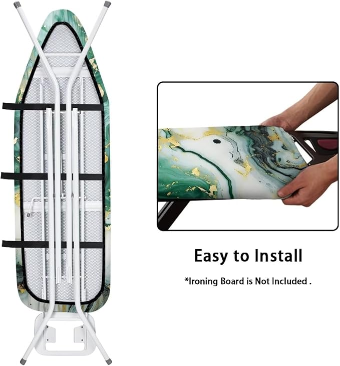 Green Marble Print Ironing Board Cover and Pad 15x54 Inch Standard Size Iron Board Covers Slip-Resistant Hook and Loop Design Fits