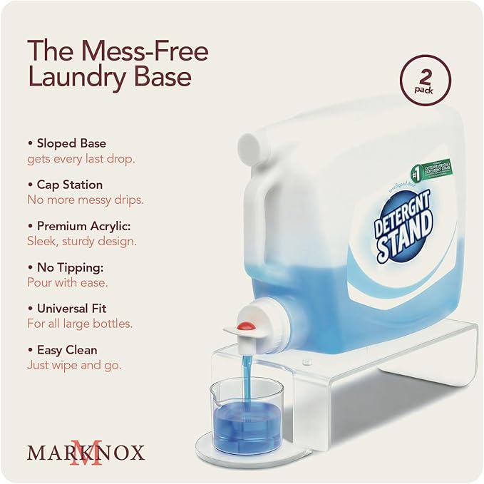 Liquid Laundry Detergent Dispenser Riser Organizer - 2 Pack Clear Acrylic Holder with Gravity Flow Base and Cap Station, Universal Fit Stand Keeps Bottles Stable and Clean, Easy Wipe Care