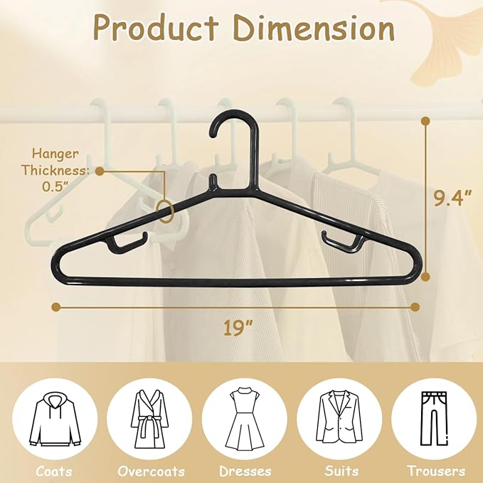 Urby Extra Wide Hangers for Plus Size Clothes, 19 Inch Plus Size Hangers, Durable Space-Saving Plastic Hanger for Oversized or XL, XXL Shirts, Coats, Etc. Black 20PK