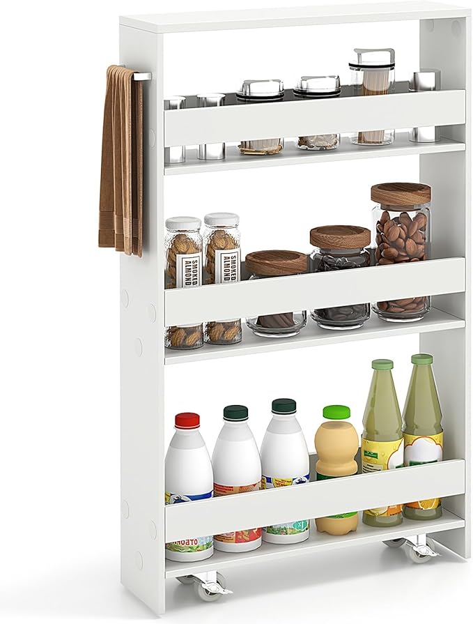 Slim Storage Rolling Cart, 4-Tier Side Out Shelving Unit with Handle, Mobile Organizer Utility Cart on Wheels for Laundry, Bathroom, Office, Kitchen, Narrow Places (White)