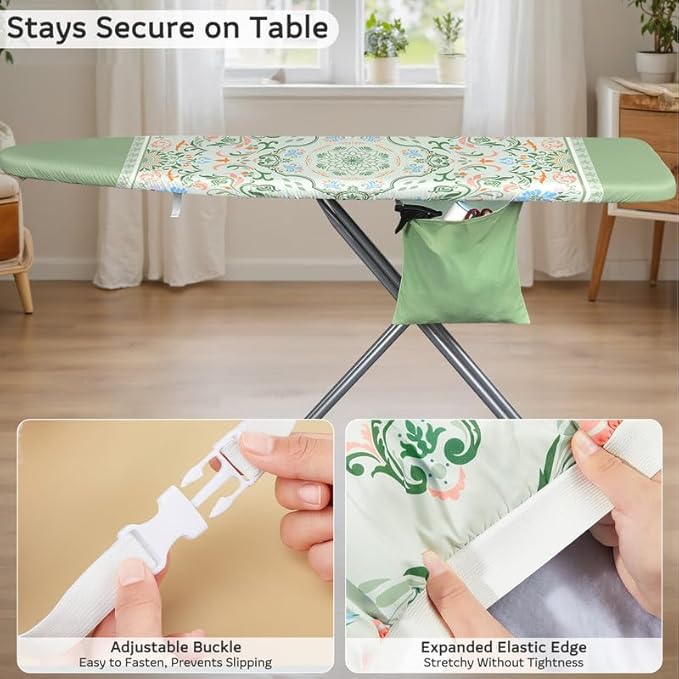 FIOBEE Ironing Board Cover and Pad Extra Thick Iron Board Pad with Heat-Resistant Mesh Padded Iron Board Covers Adjustable Buckle & Elastic Edges for 15x54 Standard Size Ironing Board, Sage Green