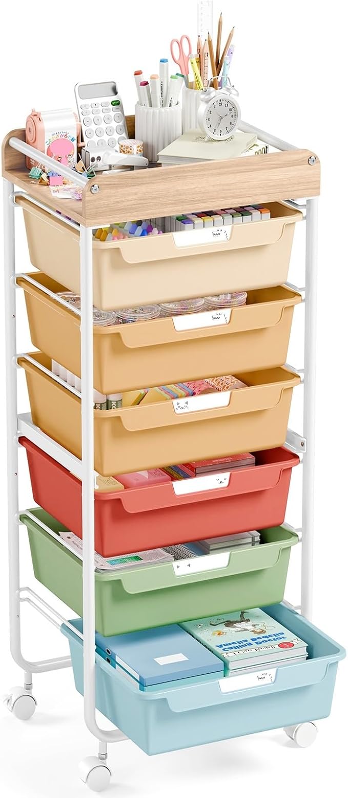 APEXCHASER 6-Drawer Plastic Organizers on Wheels,Rolling Storage Cart with Wooden Top, Mobile Drawer Unit for Classroom, Crafts, Art Supplies, and Home Organization,Rainbow