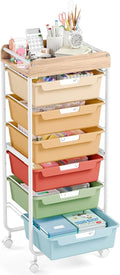APEXCHASER 6-Drawer Plastic Organizers on Wheels,Rolling Storage Cart with Wooden Top, Mobile Drawer Unit for Classroom, Crafts, Art Supplies, and Home Organization,Rainbow