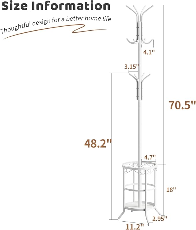 FILWH Coat Rack Freestanding with Umbrella Stand with 12 Hooks Metal Coat Tree Coat and Hat Hanger Jacket Entryway Coat Rack (White)