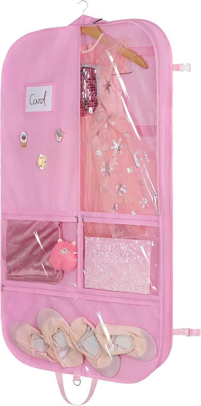 Univivi 2-Pack Dance Costume Garment Bag, 40" Dance Costume Bag for Hanging Storage, kids garment bags with 3 Clear Zippered Medium Pockets and 2 Back Zippered Pockets and 1 xPendant, 3 x Badge (Pink)