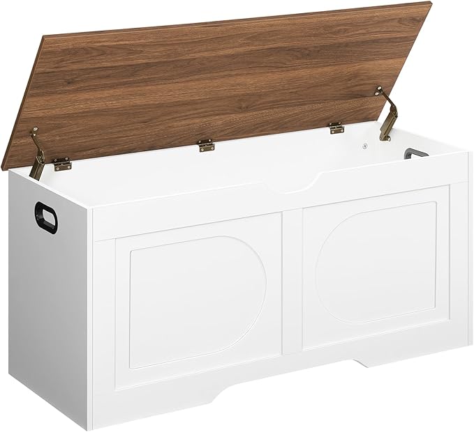 Storage Chest, 39.4” Toy Box, Entryway Storage Trunk, Shoe Bench with Storage, Engineered Wood Storage Cabinet with 2 Safety Hinges, Entrance Bench for Living Room, White + Walnut SCBZ2001