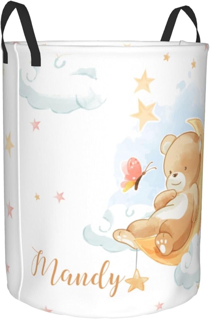 Personalized Laundry Basket for Nursery, Custom Nursery Laundry Hamper with Name, Customize Baby Clothes Circular Hamper for Boys Girls Room Decor, Bear