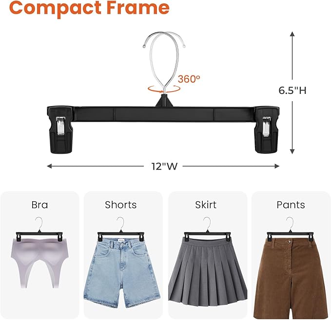 HOUSE DAY 30 Pack Pants Hangers - 12 Inch Plastic Hangers with Non Slip Clips for Skirts, Jeans, Shorts, Trousers - Space Saving Clip Hangers with 360-Degree Rotating Hook