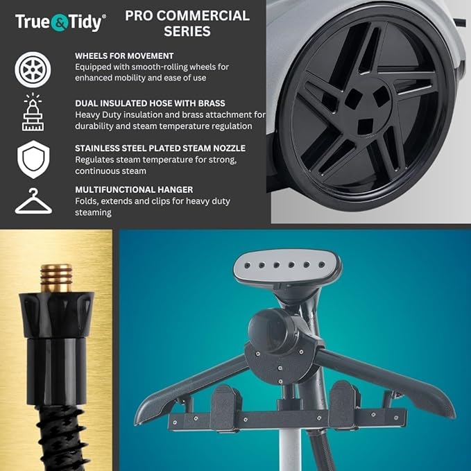 True & Tidy® Commercial Standing Clothes Steamer, Heavy Duty with 90+ mins of Steam Time, For Home and Commercial Use, 1800 watts of Powerful Steam, Wheels for Easy Movement, 3 Steam Settings (Gray) (Renewed)