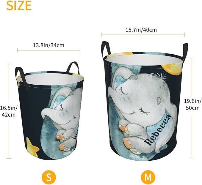 Sleeping Elephant Moon Personalized Laundry Hamper Custom with Name Collapsible Waterproof Storage Basket with Handles for Bedroom Decor Gift.