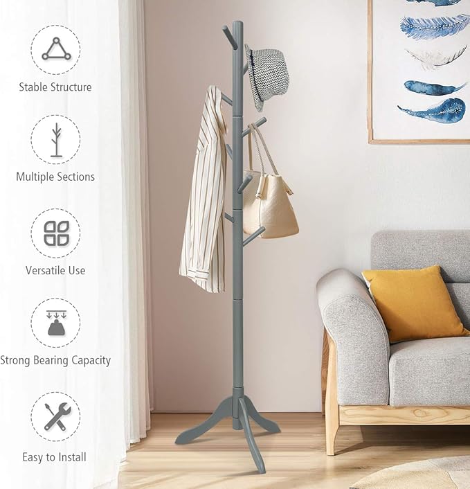 GOFLAME Coat Rack Freestanding, Wooden Entryway Coat Tree Hanger with 8 Hooks and 4 Sections, Height Adjustable Coat Stand for Home Office Hallway Entryway (Grey)