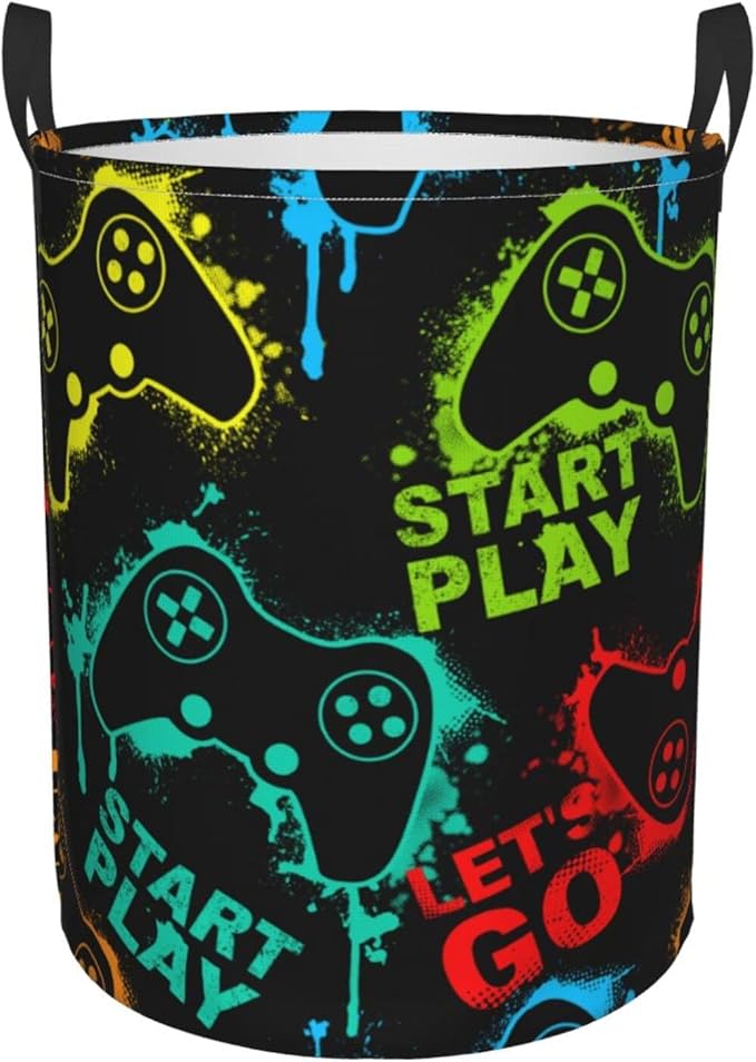 Colorful Silhouettes Game Joysticks Round Laundry Hamper Storage Basket Toys Clothes Organizer Bin For Home Bathroom Bedroom Dorm Nursery, 62L