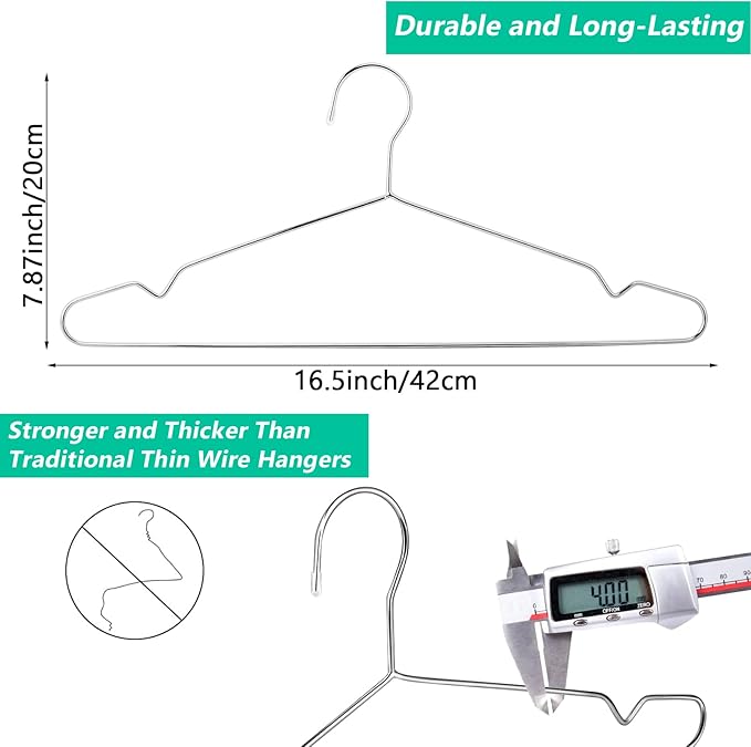 Jeffbaubl 40 Pack Wire Hangers, 16.5 Inch Space Saving Metal Hangers, Stainless Steel Strong Hanger, Heavy Duty Wire Clothes Hanger for Hanging Coats T-Shirt Suits Jackets Shirts