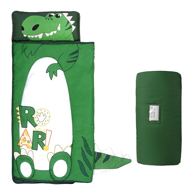 Dinosaur Toddler Nap Mat with Removable Pillow and Blanket Kids Sleeping Bag with Pillow Reinforced Stitching Machine-Washable, Soft Nap Mats for Daycare, Travel, Camping 53"x21"