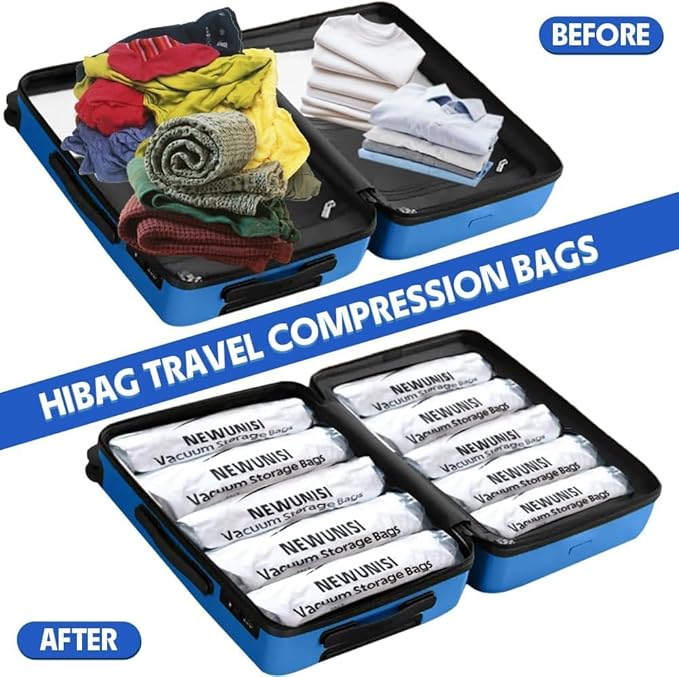 12 Pack Compression Bags for Travel, Roll Up Reusable Travel Space Saver Vacuum Storage Bags for Luggage, Camping, and Storage (No Vacuum or Pump Needed).