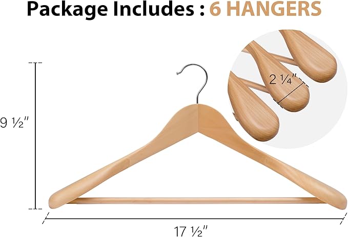 StorageWorks Wooden Hangers 6 Pack, Extra Wide Shoulder Wood Coat Hanger for Coats, Shirts, Jackets, Pants, Suits, Natural Wood Color
