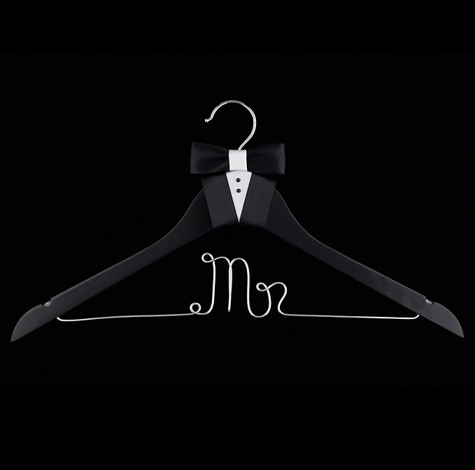 Ella Celebration Mr Wedding Groom Hanger Black Wooden and Silver Wire for Tuxedo or Suit, Hangers for Grooms and Weddings (Mr)