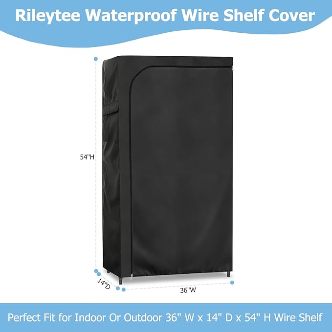 Rileytee Wire Shelf Cover,Heavy Duty 600D Dustproof Waterproof Shelf Covers for Wire Shelving,Outdoor Storage Rack Cover for Wire Rack with Zipper,Black,36"W x 14"D x 54"H
