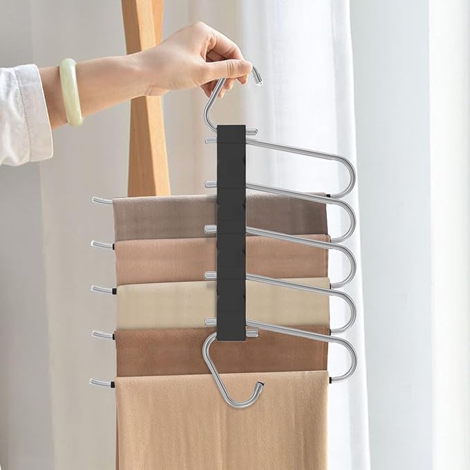 4 Pack Pants Hangers Space Saving, Anti-Slip Multi-Functional Pants Rack, Thickened Stainless Steel Tube, Two Hanging Modes Suitable for Jeans Trousers Skirts Scarf-Black