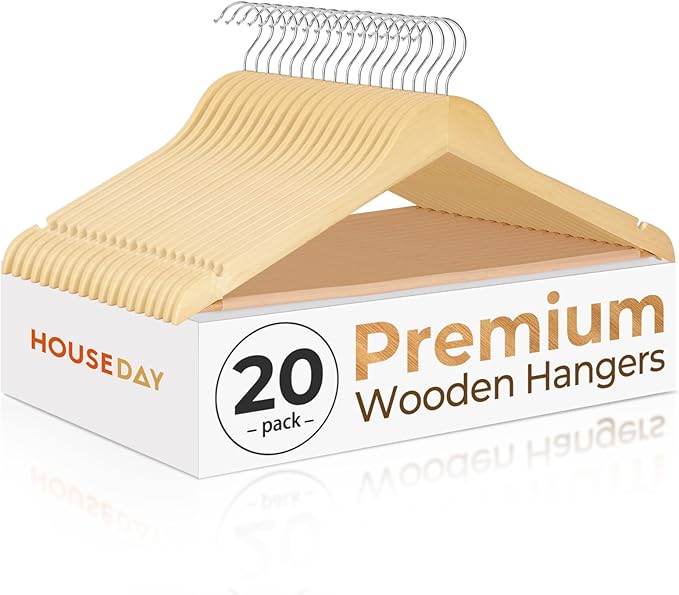 HOUSE DAY Premium Wooden Coat Hangers 20 Pack, Heavy Duty Solid Wood Clothes Hangers with 360° Swivel Hook & Pant Bar for Jackets, Dress, Shirts, Natural Wood Suit Hanger for Closet Organizer
