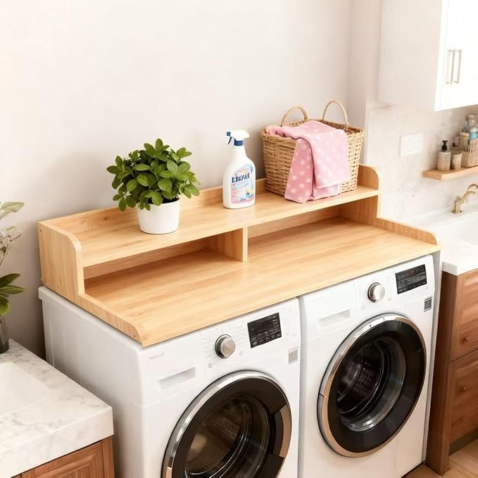 2-Tier Washer and Dryer Countertop, 54" W x 27.6" D Laundry Room Organization,Washer Dryer Topper Storage for Folding Clothes Over Washer and Dryer-Oak