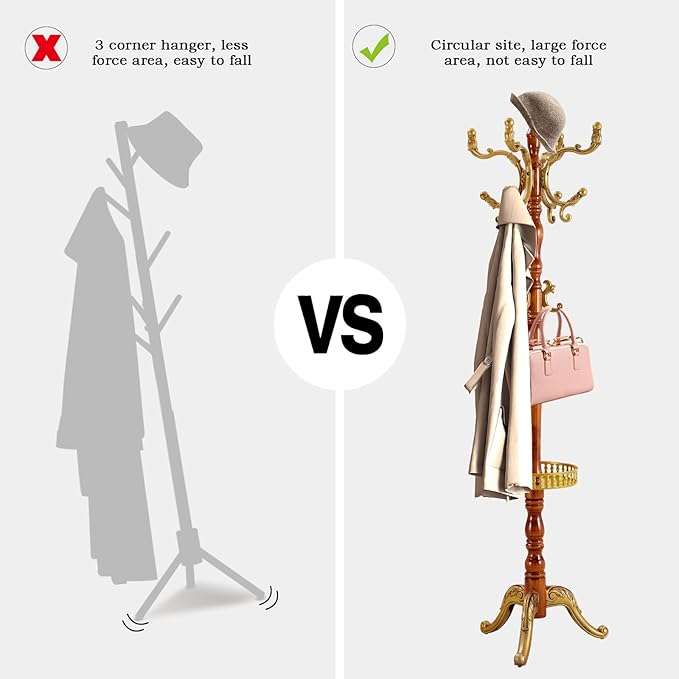 Coat Rack Freestanding, Wooden Tree Coat Rack Stand with 3 Adjustable Sizes Coat Tree and 14 Hooks, Sturdy Hall Tree with Solid Round Base for Entryway, Hallway,Bedroom (Begonia Tray)