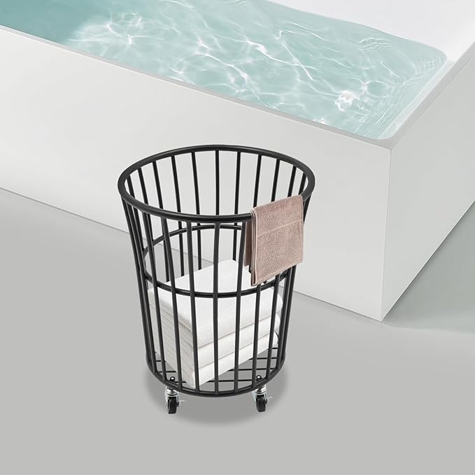 Metal Laundry Basket, Rolling Laundry Hamper with Wheels, Round Mesh Iron Basket Storage Clothes Organizer with Locking Casters for Laundry Room Bathroom Bedroom Closet Dorm (Black)