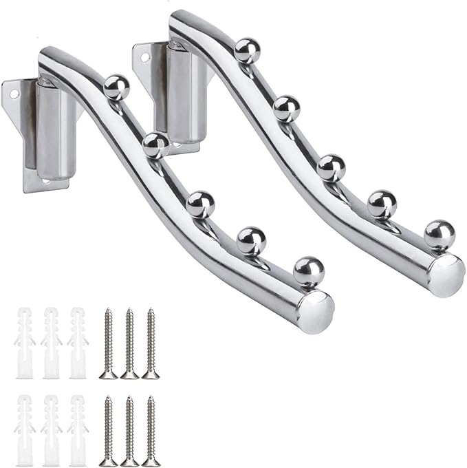Folding Wall Mounted Clothes Hanger, Stainless Steel Cloth Rack, 2 Pack Laundry Hangers Metal Wall Mount Clothing Multiple Hook with Swing Arm Wardrobe Organizer Coat Hook for Bathroom, Bedroom, Room