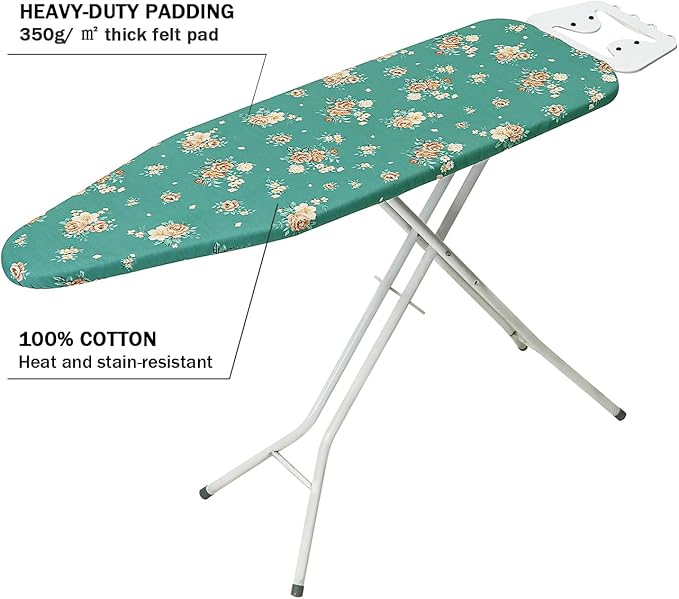 Ironing Board Cover and Pad Standard Size 15" x 54",3 Pairs of Hook and Loop Fastener Straps,Elastic Edges,Cotton Iron Board Cover with Scorch Resistant Thick Padding (Green+Flowers)