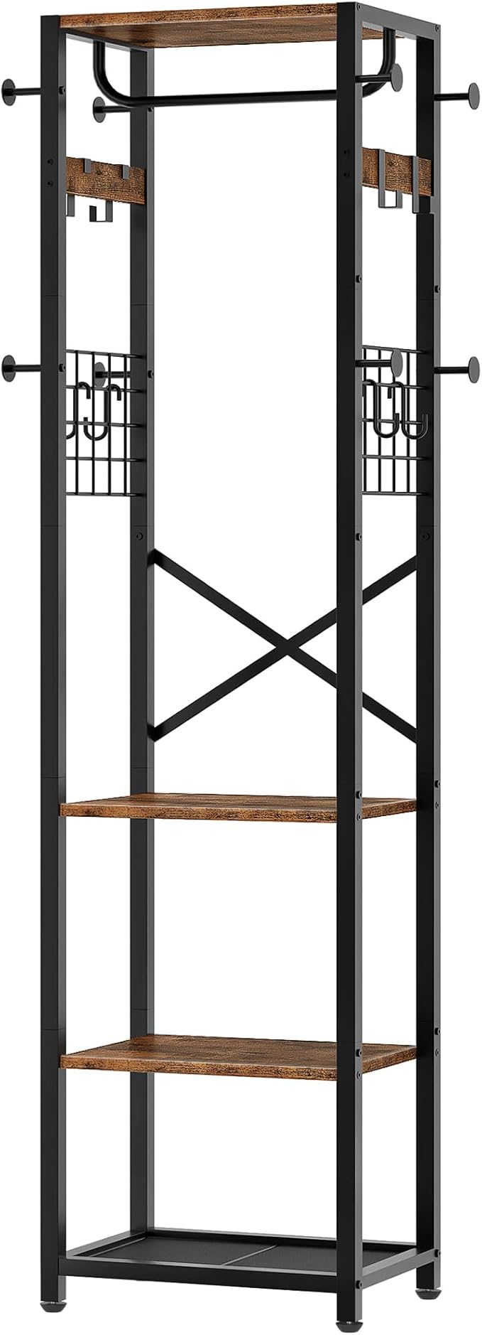 Coat Rack with Shelves, Freestanding Hall Tree, Coat Tree with 16 Hooks and Hanging Rail, Industrial Clothes Stand for Entryway, Hallway, Bedroom, Rustic Brown and Black TYM18BF