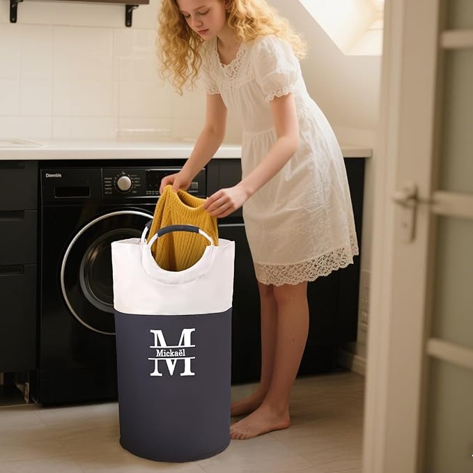 Personalized Collapsible Laundry Baskets Custom Clothes Basket with Initial Name Laundry Hamper 90L Large Dirty Clothes Basket for Bathroom (With Handle)
