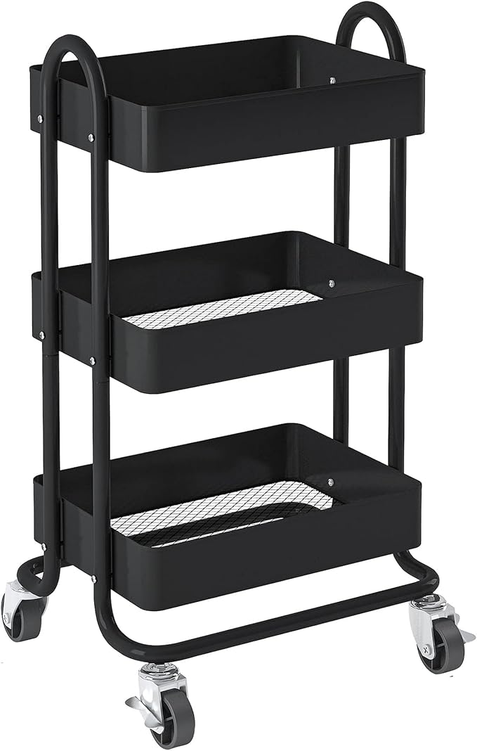 3-Tier Rolling Metal Storage Organizer,Mobile Utility Cart,Kitchen Storage Carts with Caster Wheels,Rolling Utility Cart Suitable for Office,Home,Kitchen,Garden（13.4"x18.1"x31"） Black