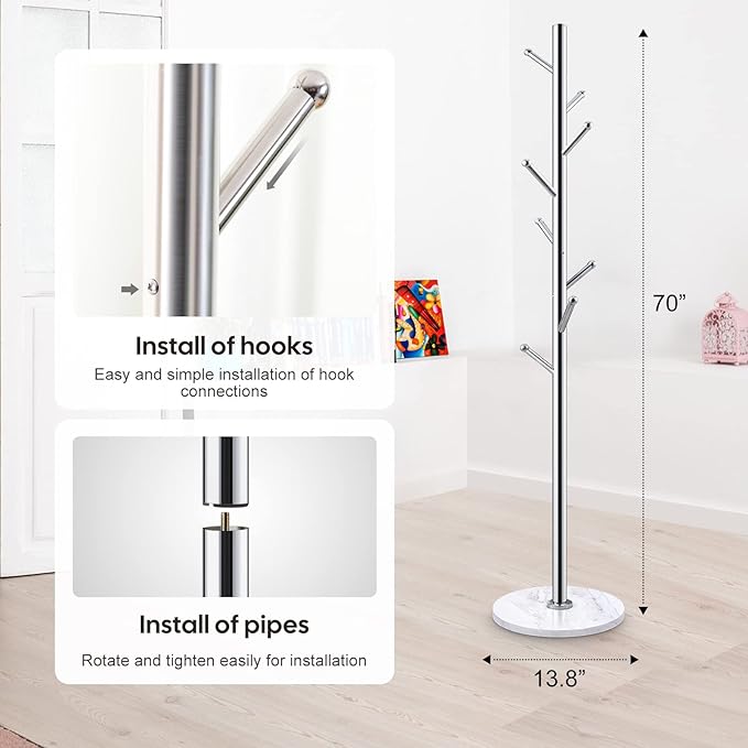 Homde Metal Coat Rack Stand with Natural Marble Base, Stainless Steel Freestanding Clothes Tree Hanger with 8 Hooks, Hall Hanger for Coat Jackets Hat Scarves Handbags Entryway Bedroom (Silver)