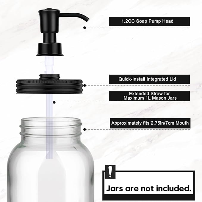 Plastic Soap Dispenser Set, 1.2CC Rustproof Pump and Lids for Regular Mouth Mason Jars, Quick Assemble Accessories for Farmhouse Kitchen Bathroom Counter Decor - 4 Pack Black