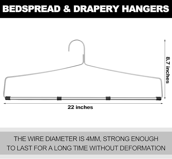 4 Pcs Bedspread Drapery Hangers 22 Inch Metal Linen Hanger Heavy Duty Blanket Tablecloth Hangers with Anti Slip Rubber Sleeve for Heavy Items, Silver