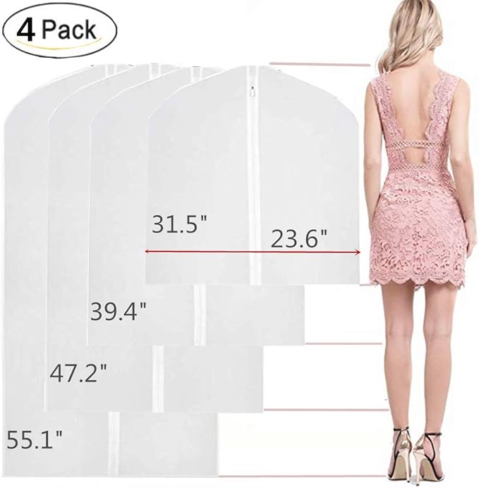 Clear Hanging Garment Bag With Study Zipper Plastic Clothing Dust Cover Closet Suit Protector Storage Bags White 4pcs