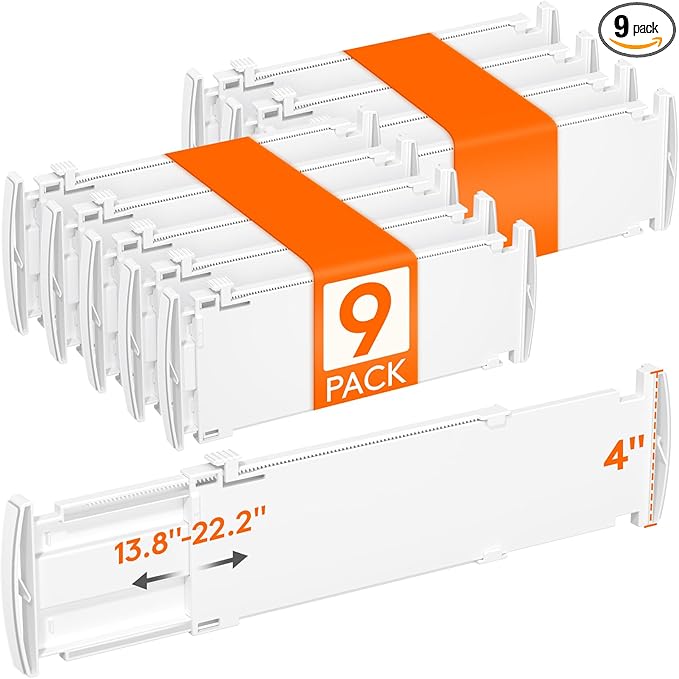 Lifewit 4" Tall 9 Pack Drawer Dividers, 35-56.5cm/13.8-22.2" Expandable Drawer Divider for Clothes, Adjustable Dresser Drawer Organizers, Drawers Separators for Dresser/Bathroom/Closet/Kitchen White