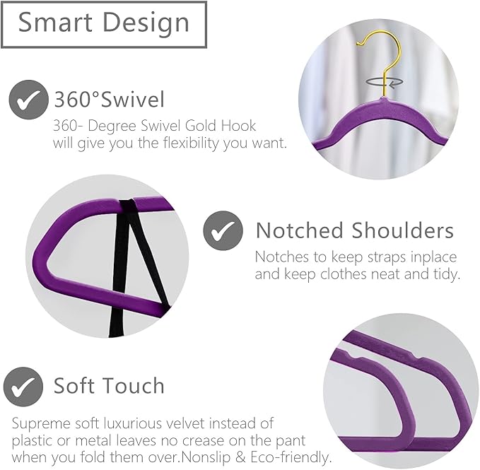 MIZGI Premium Velvet Hangers Pack 50 Pcs Heavyduty - Non Slip Slimline - Velvet Suit Hangers Dark Purple - Gold Hooks,Space Saving Clothes Hanger