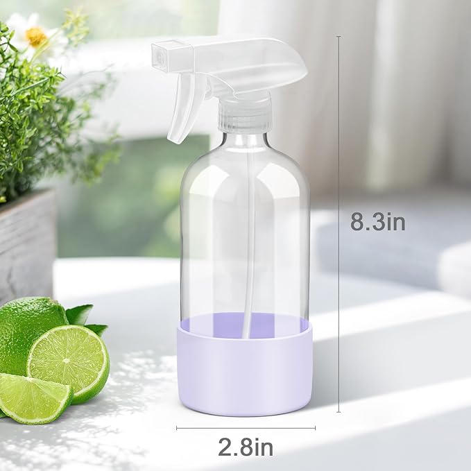 Glass Spray Bottles with Silicone Sleeve Protection, Empty 16 oz Refillable Containers, Reusable Spray Bottles with Adjustable Nozzle for Hair, Cleaning Solutions, 1 Pack Purple