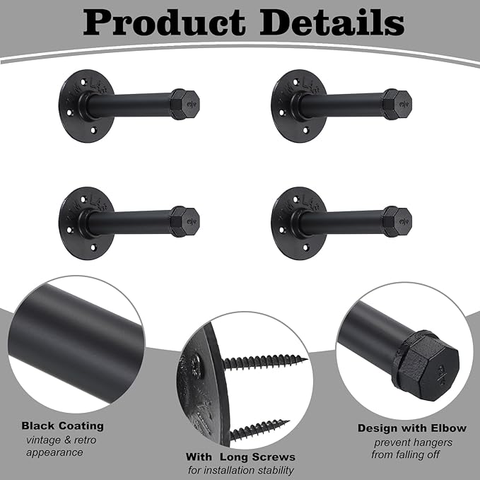 BTSKY 4 Pack Clothes Rack with Screws, 6 Inch Metal Industrial Pipe Clothes Bar for Hanging Clothes, Heavy Duty Wall Mounted Clothing Hanging Rod Shelving Brackets for Laundry Room Retail Store, Black