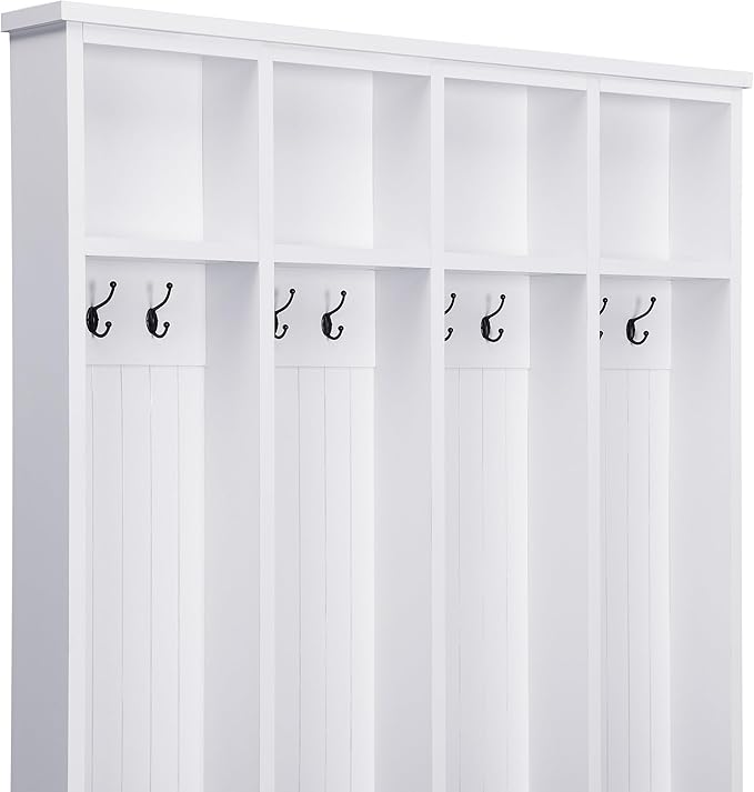Farmhouse 59" Wide Hall Tree with 8 Hanging Hooks, Wood Grain Bench with Open Compartments, 76.7" H Entryway Shoe Rack Coat Hanger for Living Room Mudroom Hallway (White-8.26)