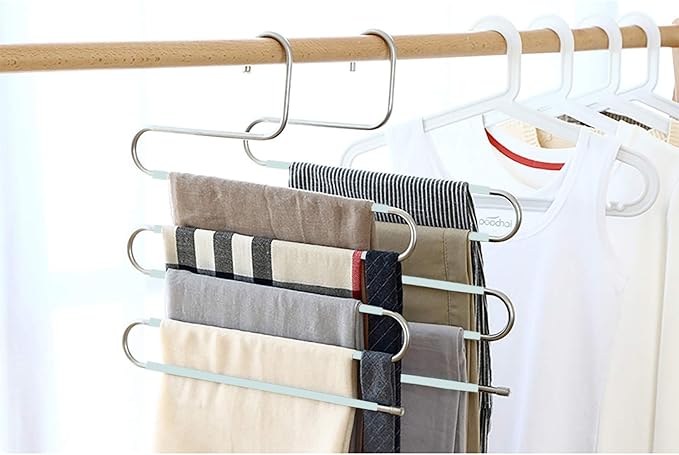 Devesanter Space Saving Non-Slip 4 Pack S-Shape Trousers Hangers - Stainless Steel Closet Storage Organizer for Pants, Jeans & Scarves - Green