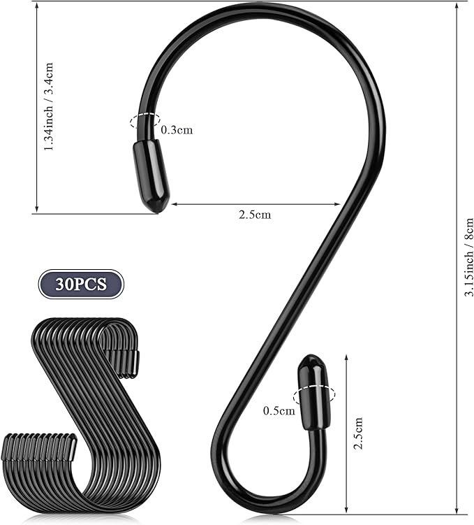 Hotop 36 Pcs S Hooks for Hanging 3.15 Inch Heavy Duty S Shaped Stainless Steel Hook Metal Hanging Curtain Hooks Pan Pot Holder Rack for Pot, Pan, Cups, Plants, Bags, Jeans, Towels(Black)