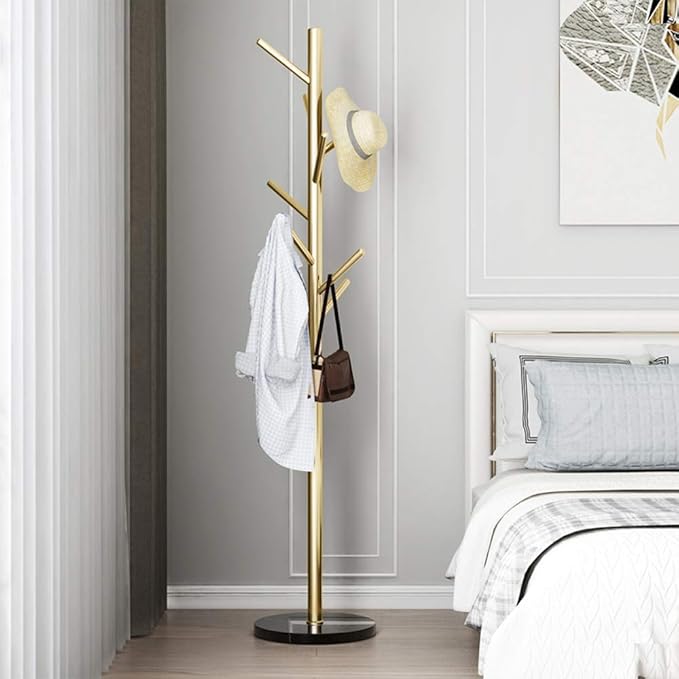 Jolitac Metal Coat Rack Stand Golden Satin Steel Finish Stable Marble Base, High-Grade with Hooks Metal Tree Hat & Coat Hanger Floor Free Standing Wall Bedroom Easy Assembly (Golden)