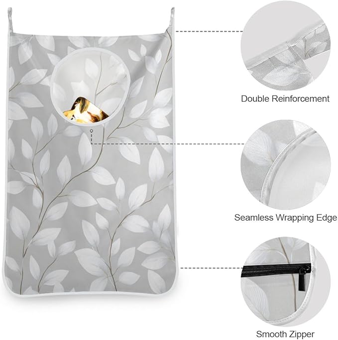 Grey Simple Leaves Hanging Laundry Hamper Door Hampers Bag Basket with Stainless Steel Hooks Oxford Fabric Printing Decorative Clothes Bags 29.5X20inch 2Pack