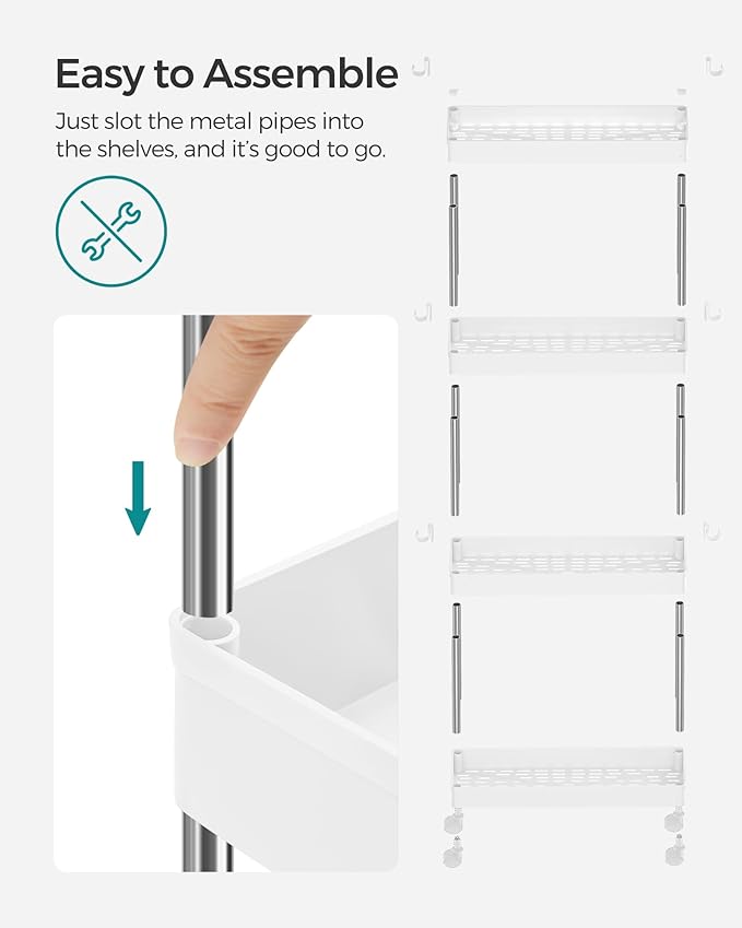 SONGMICS Slim Storage Cart, 4-Tier Rolling Cart, Narrow Utility Cart on Wheels, 6 Hooks, 360° Swivel Wheels, Lockable, Steel Frame, Bathroom, Kitchen, Office, Cloud White UKSC08WT