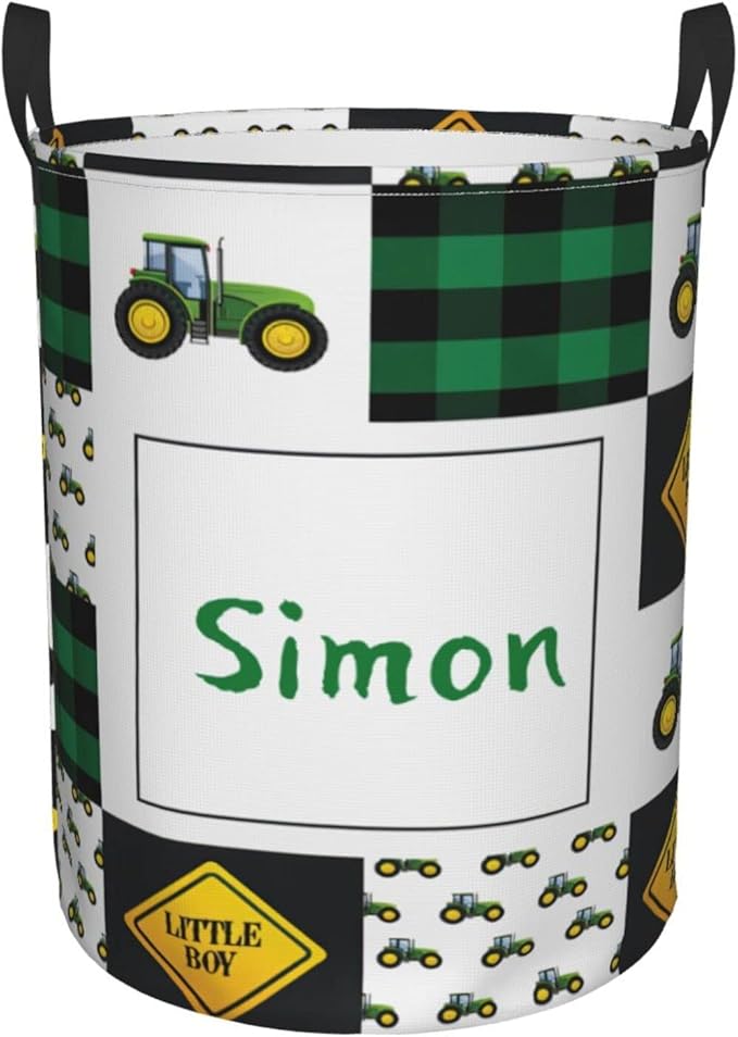 Green Tractor Personalized Laundry Basket Name Clothes Hamper with Handles Waterproof Laundry Storage Baskets for Bedroom Bathroom Decor.