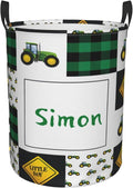 Green Tractor Personalized Laundry Basket Name Clothes Hamper with Handles Waterproof Laundry Storage Baskets for Bedroom Bathroom Decor.