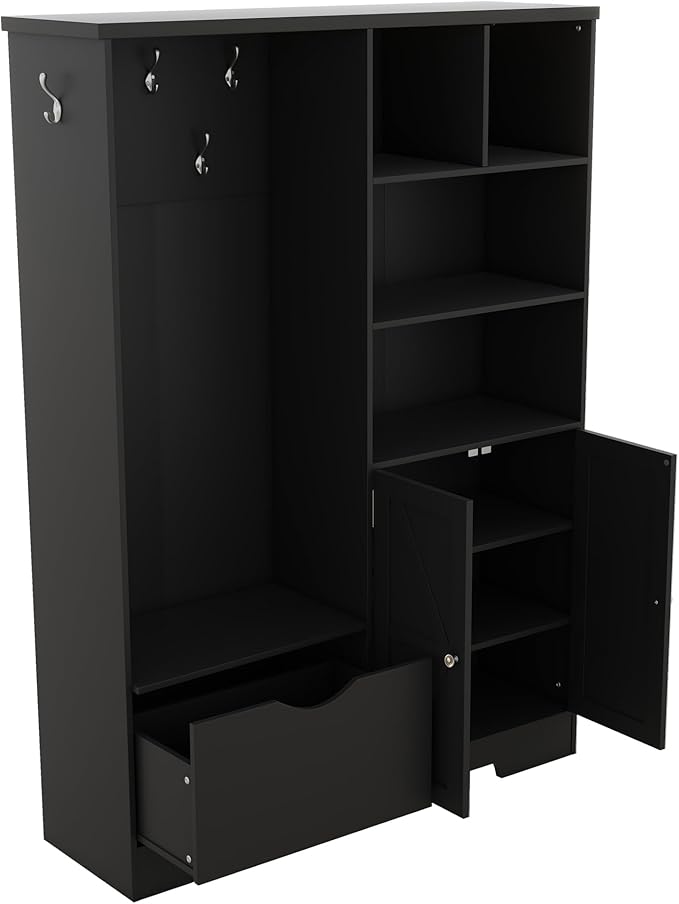 Modern Wood Entryway Hall Tree with Storage Shelves Drawers and Cabinet, Multi-functional Coat Rack Shoe Cabinet with Hooks and Bench for Entrance Entryways (Black-K27)